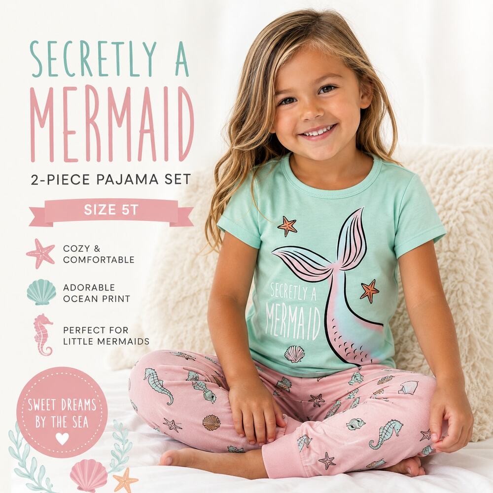 Secretly A Mermaid Toddler Girls 2 Pc Pajamas 5T Seahorse Beach Sleep Set